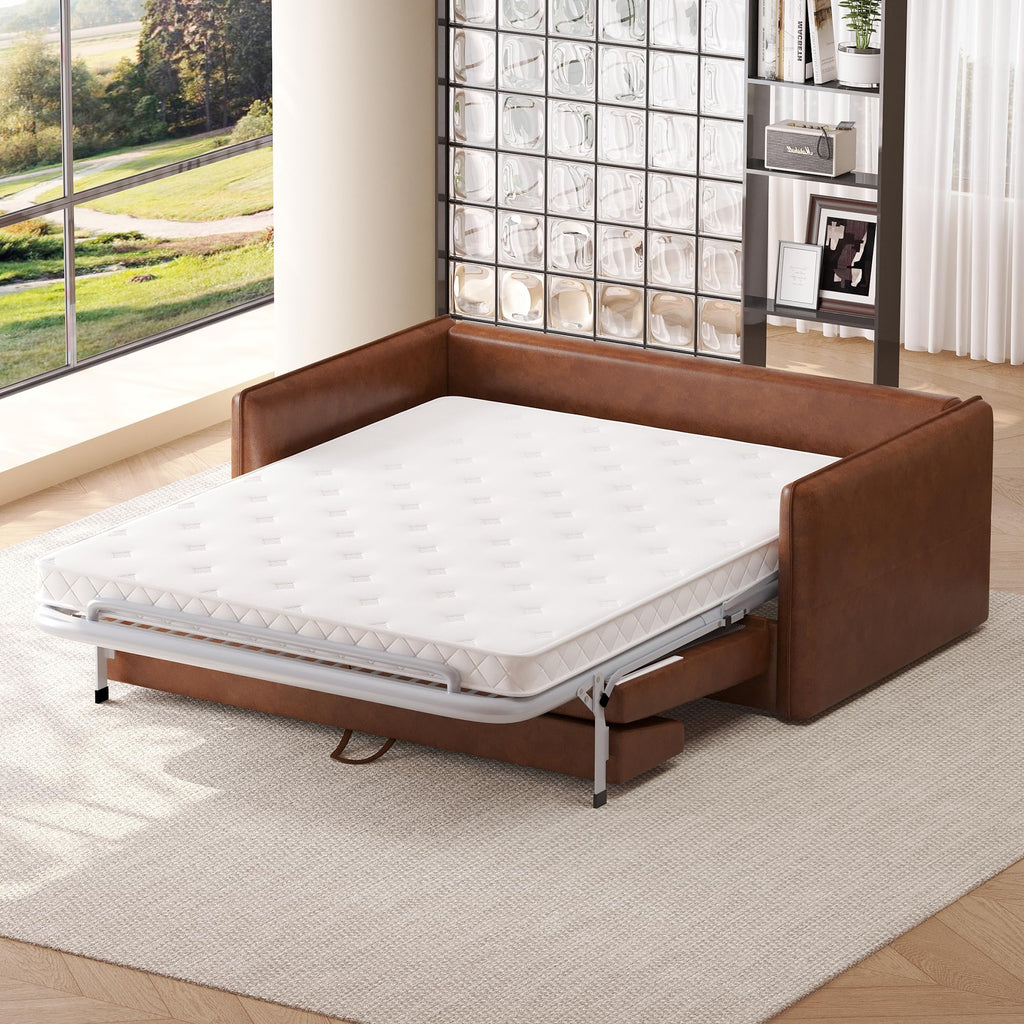 63" Apartment Size Convertible Leather Sleeper Sofa Bed, Brown