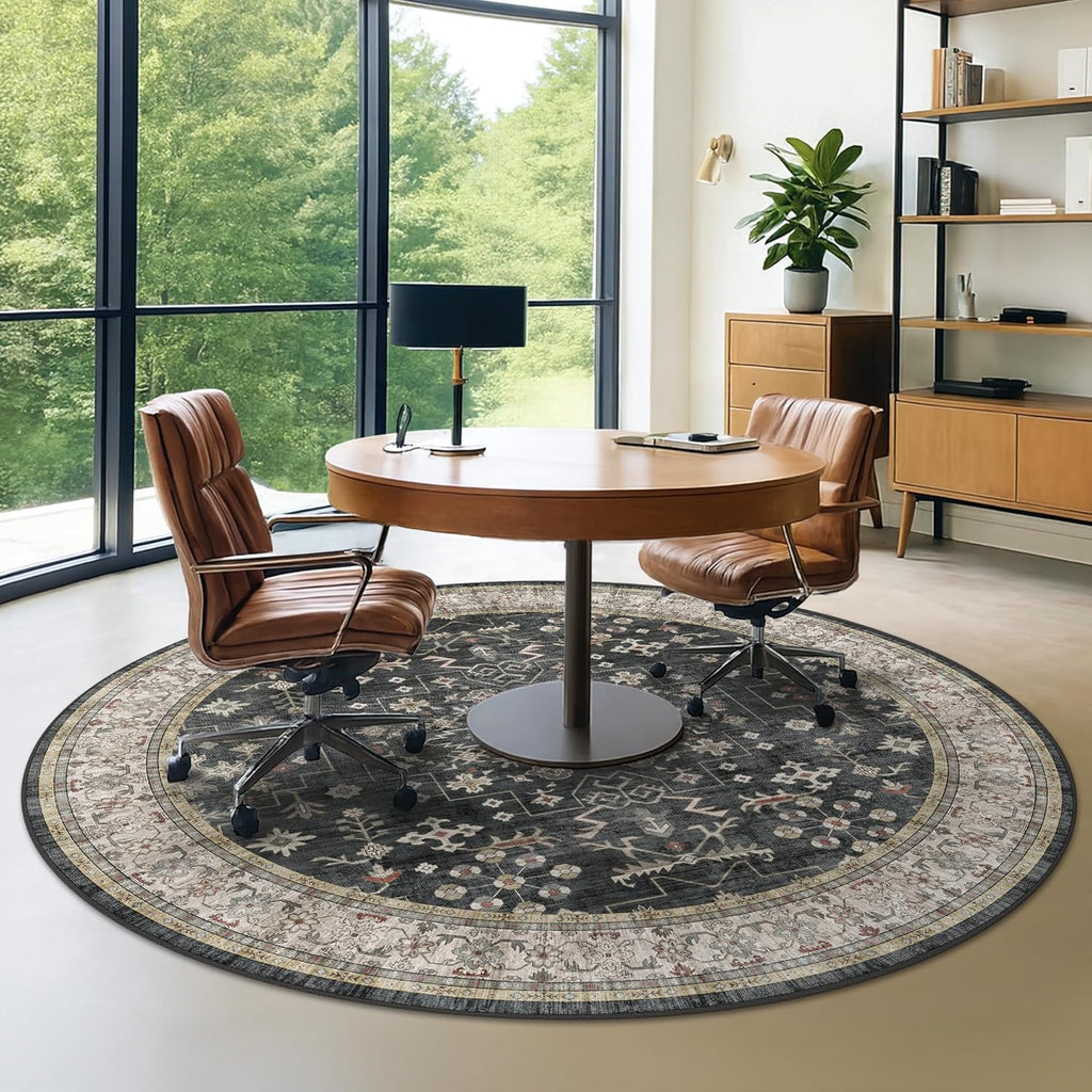 Black Boho Washable Round Rug 8ft - Large Area Rug for Living Room, Bedroom, Dining Room Low Pile No