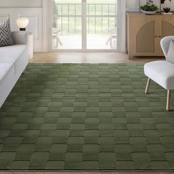 Green Checkered Area Rug - Chunky, Plush and Soft Washable Carpet - Perfect - Plush Deco Collection