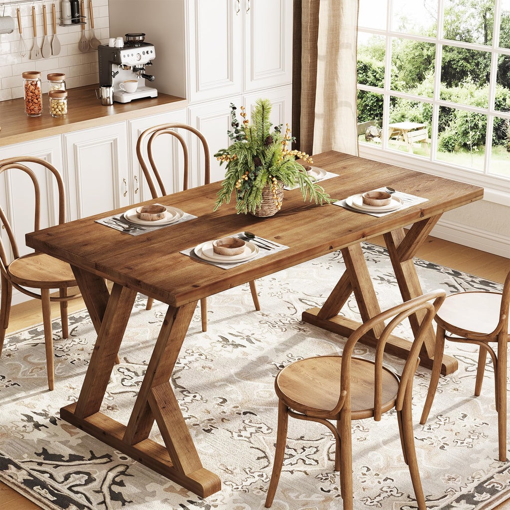Solid Wood Dining Table for 4-6 People, 63 Inches Wooden Farmhouse Rectangular Kitchen Dinner Table with Heavy-Duty