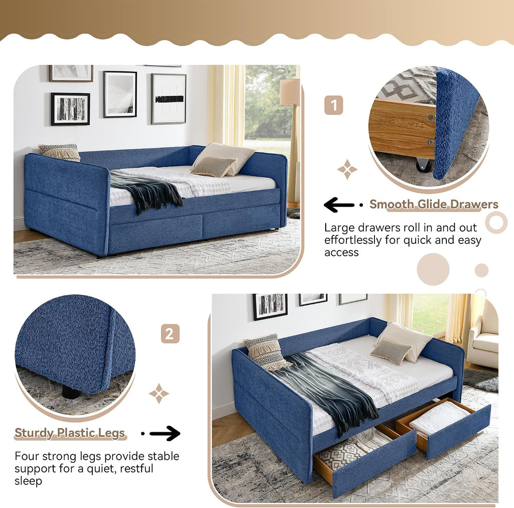 Queen Daybed with 2 Storage Drawers, Boucle Upholstered Daybed Frame with Tufted Design, Queen Size Storage Daybeds