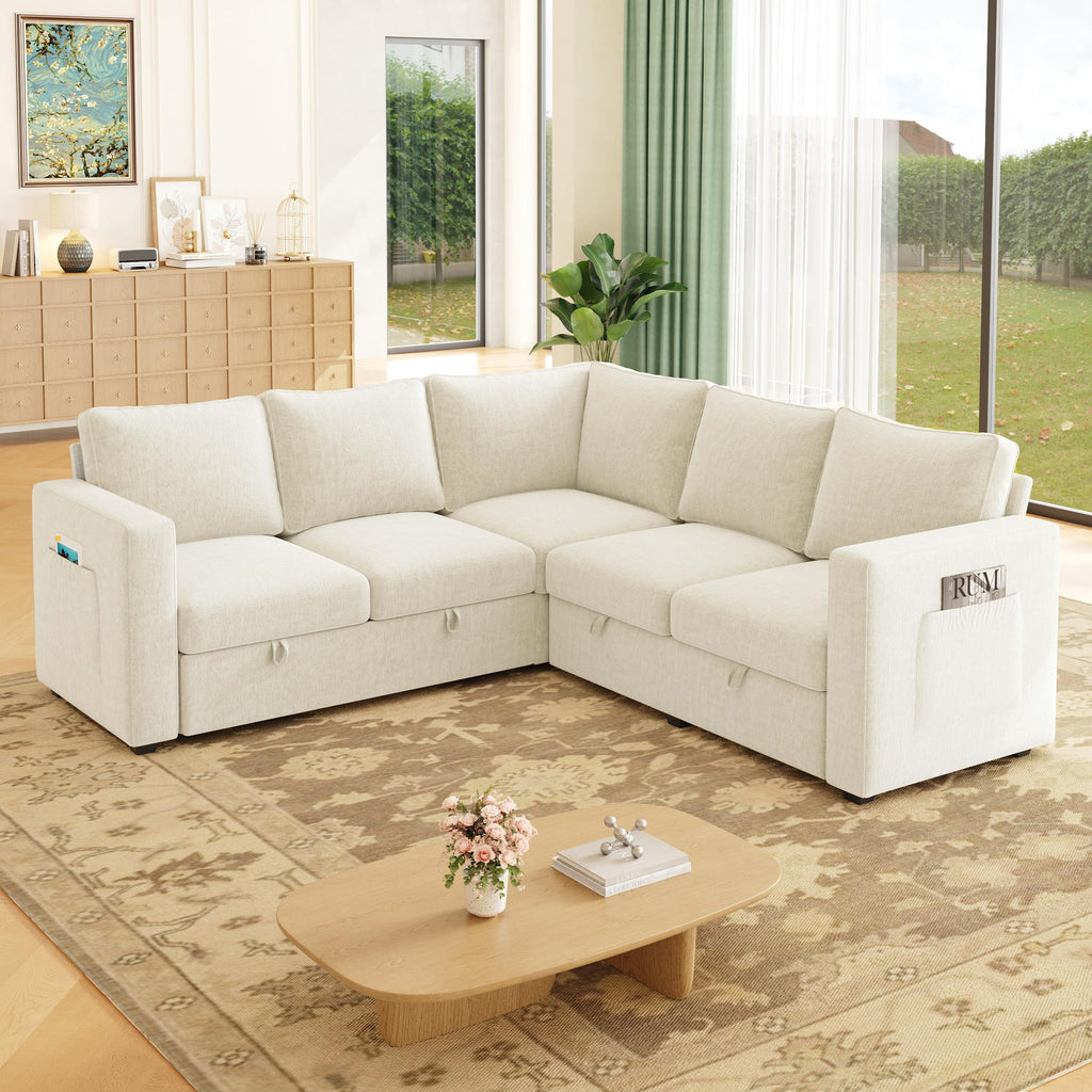 Sectional Sleeper Sofa, Pull Out Couch with Storage, Beige, 5 Seat
