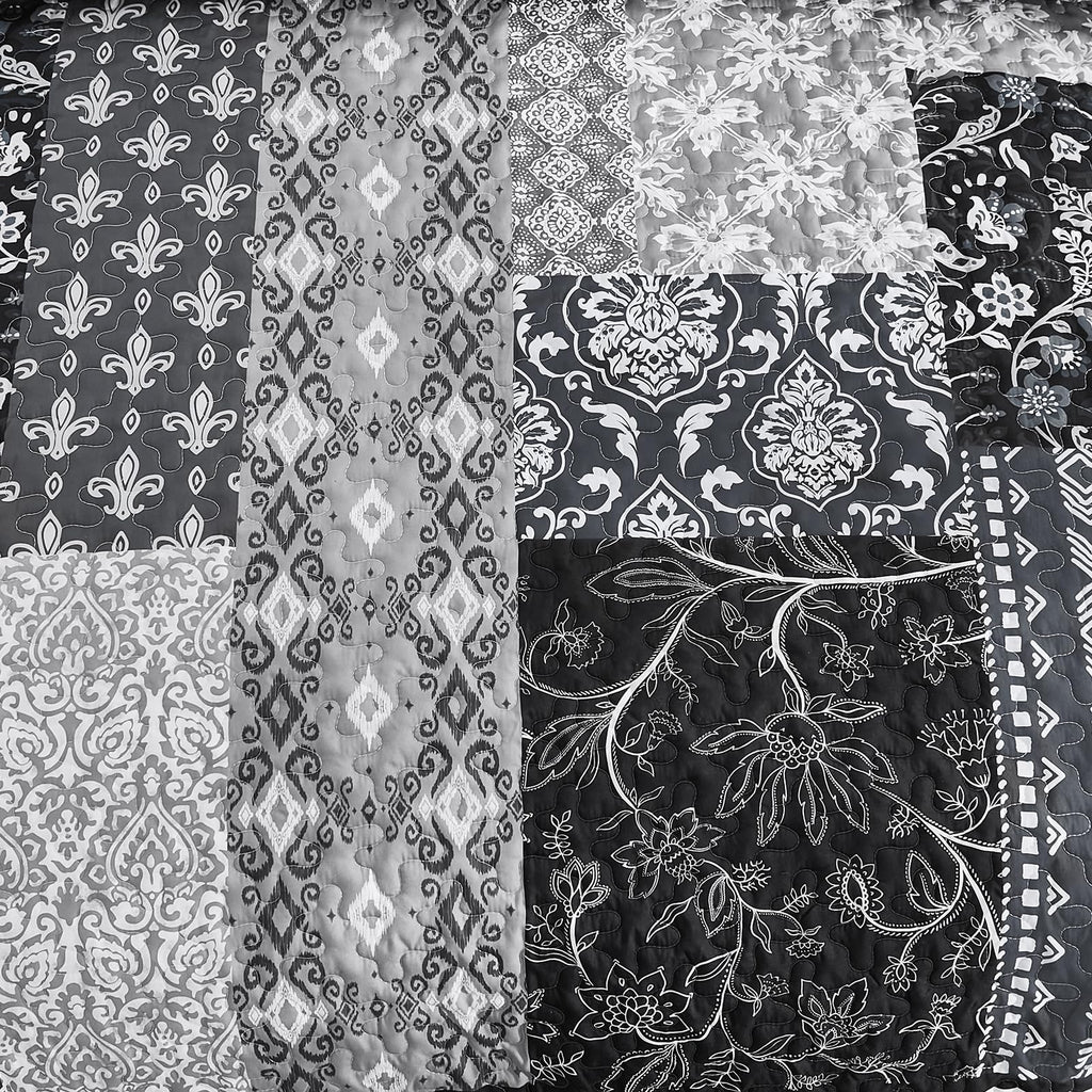 Boho Quilt Queen Set, 3 Pcs Black Patchwork Bedspread Set