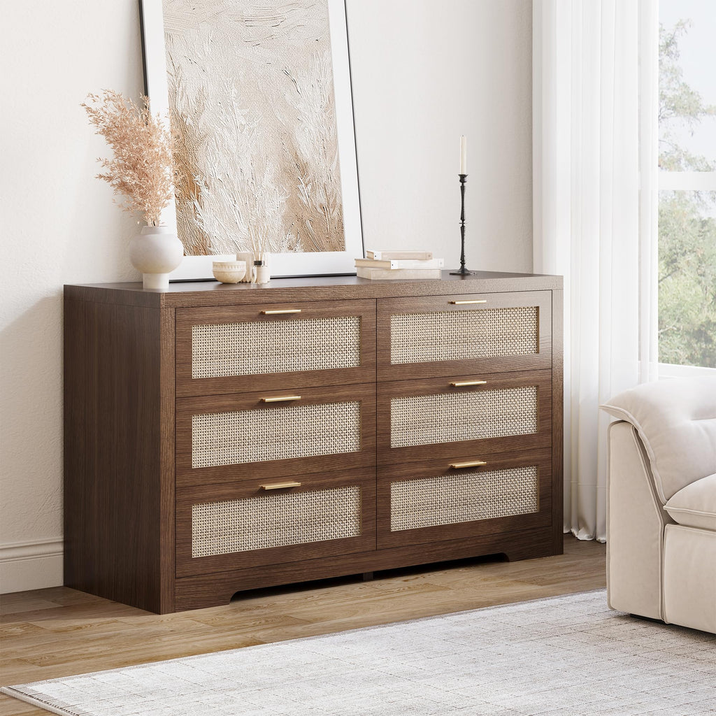 6 Drawer Rattan Dresser, Boho 47.2" Wide Wooden Chest of Drawers, Dresser TV Stand with Metal Handle, Large Storage