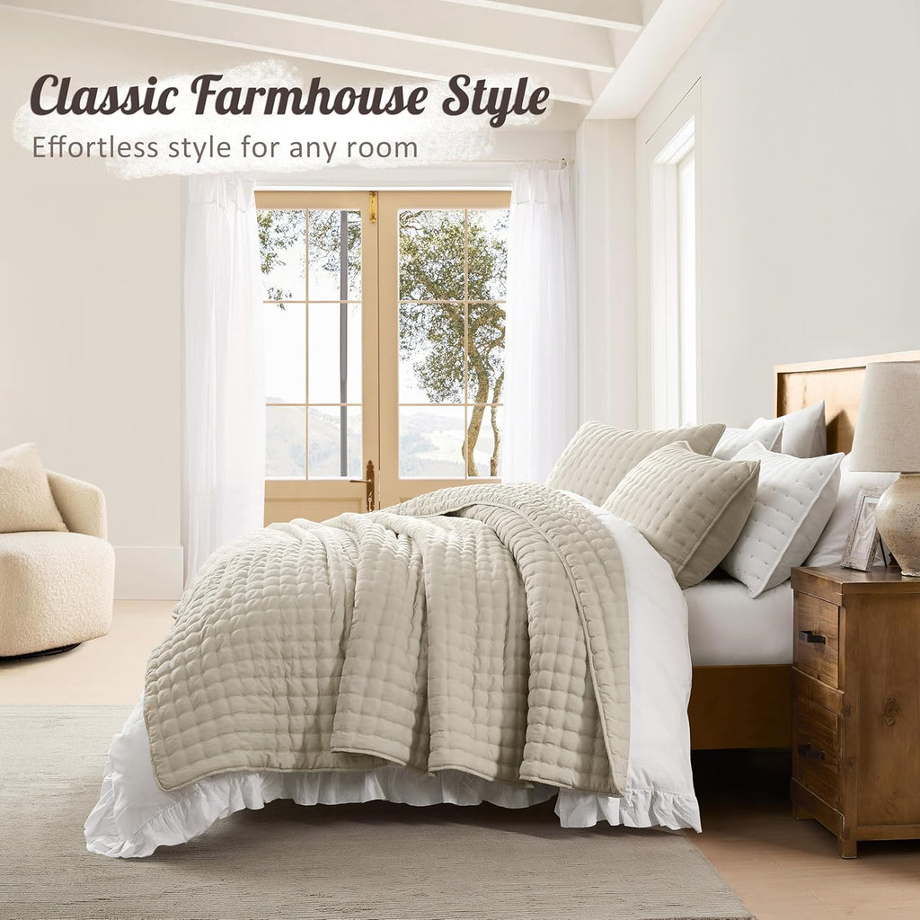 Beige California Oversized Cal King Quilt Bedding Sets with 2 Pillow Shams, Neutral Lightweight Soft Bedspread
