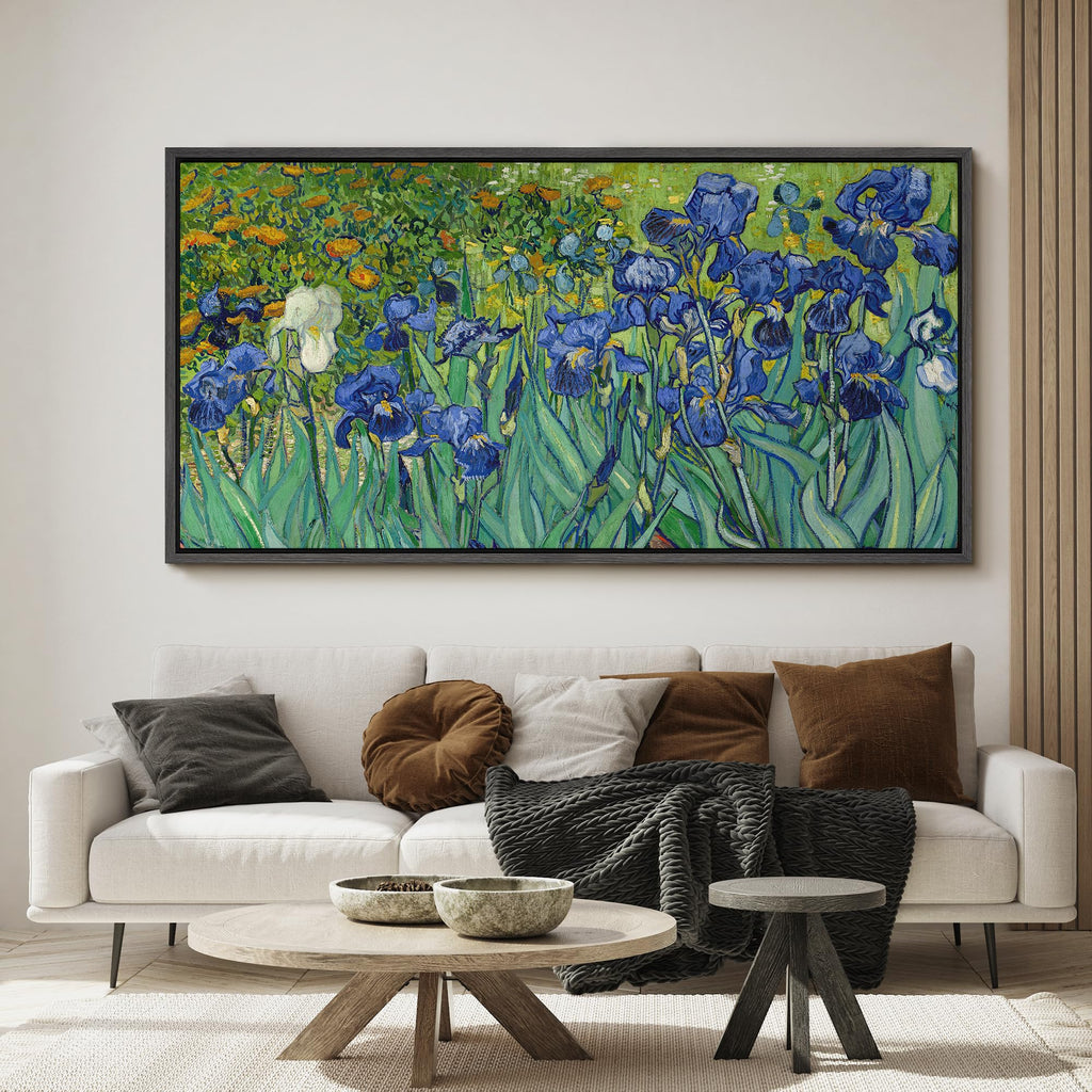 Extra Large Framed Canvas Print Wall Art Blue Irises Garden Van Gogh Inspired Floral Retro Fine Art Illustrations