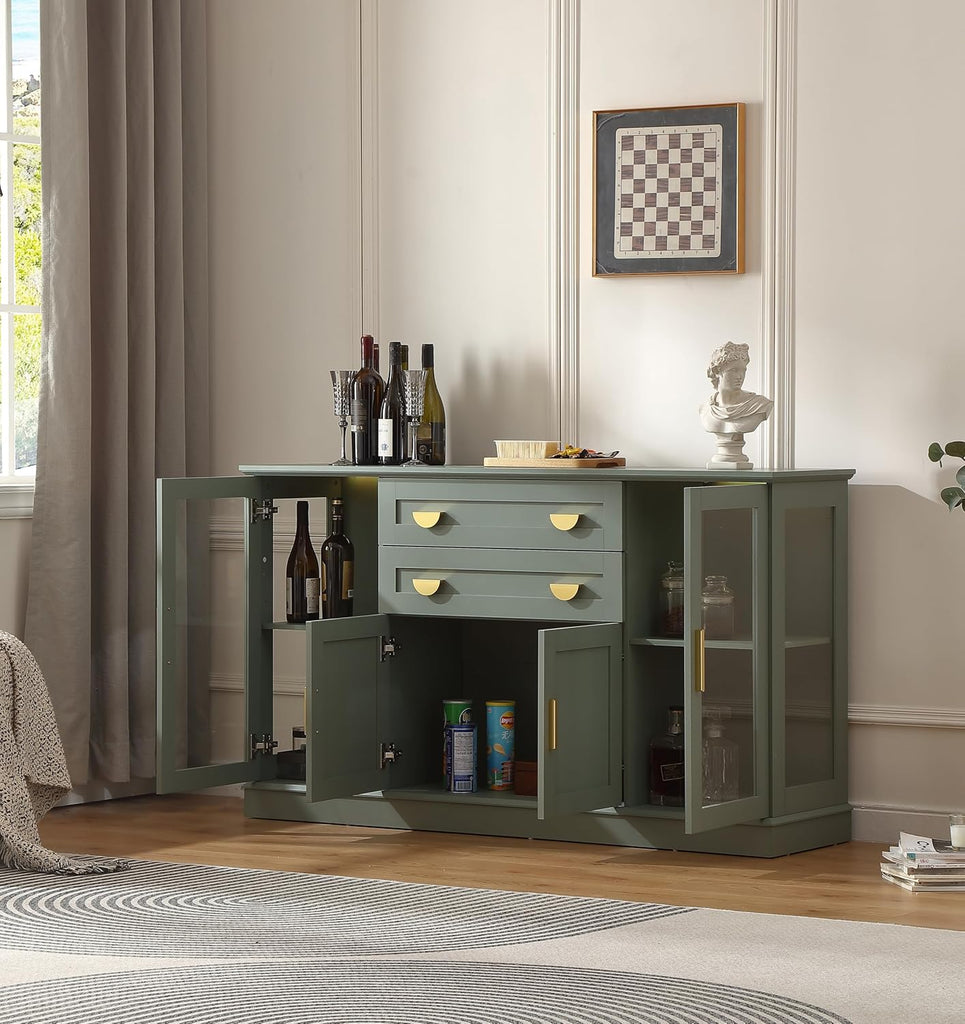 58.27'' Buffet Cabinet with 2 Drawers,LED and Adjustable Shelves,Large Glass Door Coffee Bar Cabinet with