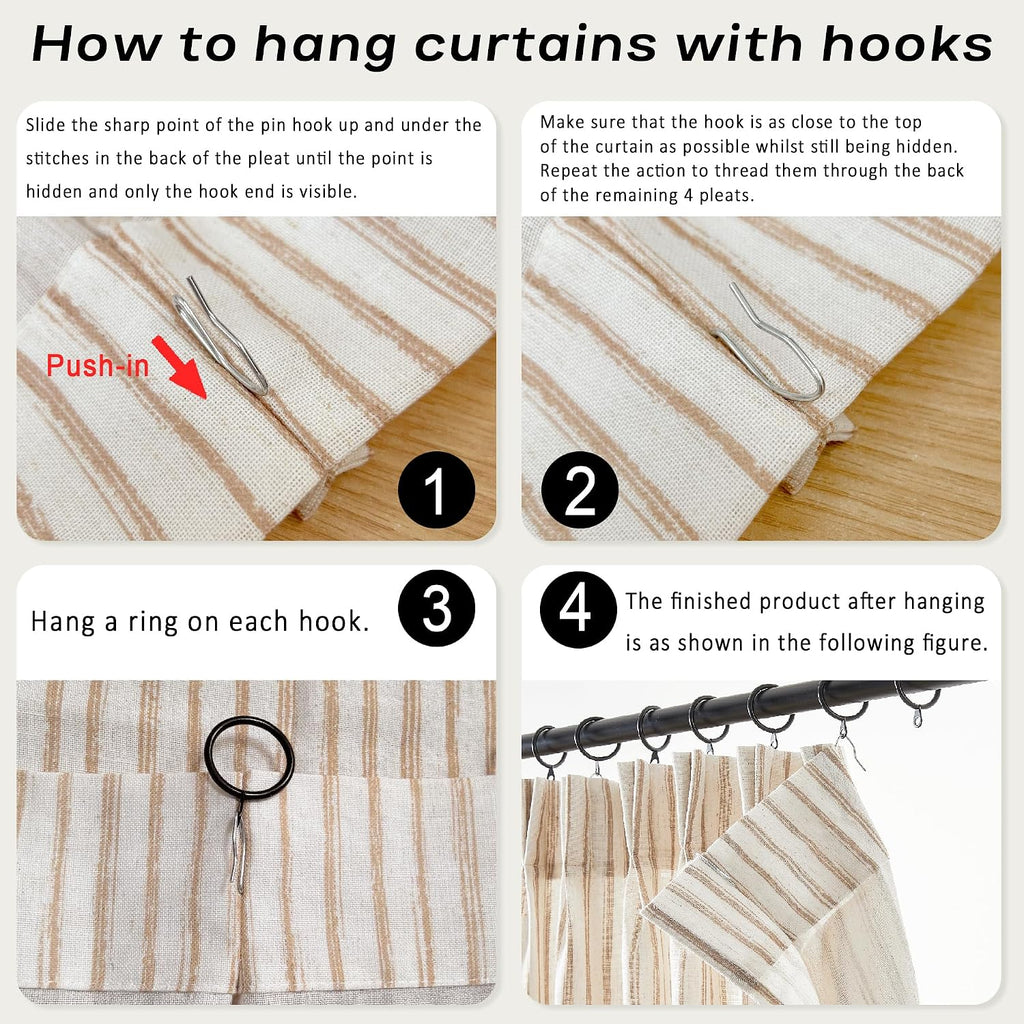 Kitchen Curtains for Small Window,Cafe Curtains 24 Inch Length,Boho Striped Kitchen Pinch Pleat Curtain with Hooks