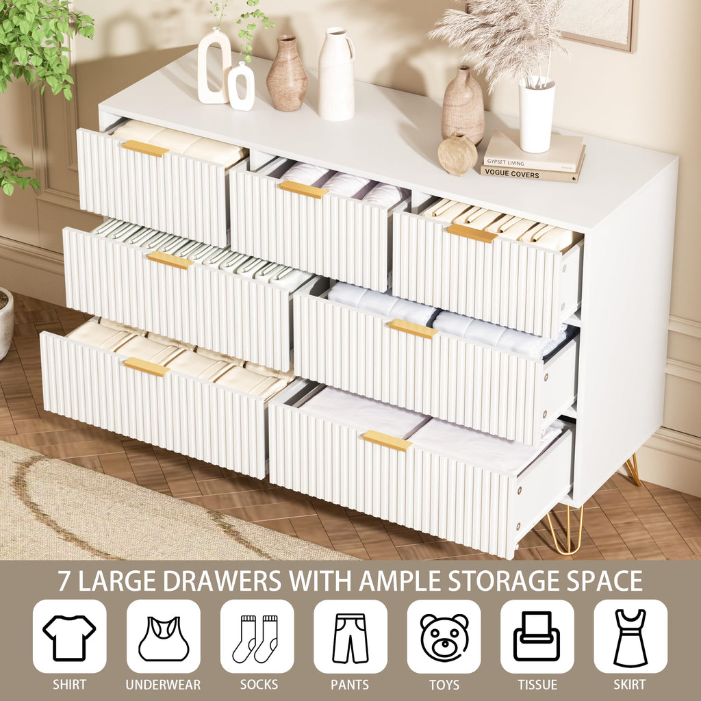 Modern Fluted 47.2" Wide Chest of Drawers with Gold Pulls and 7 Drawers, 15.7" D x 47.2" W x 31.4" H, White
