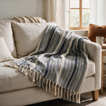 Braided Striped Decorative Throw Blanket, Navy Blue Soft Cozy Blanket with Tassels for Couch Sofa Chair Bed Home