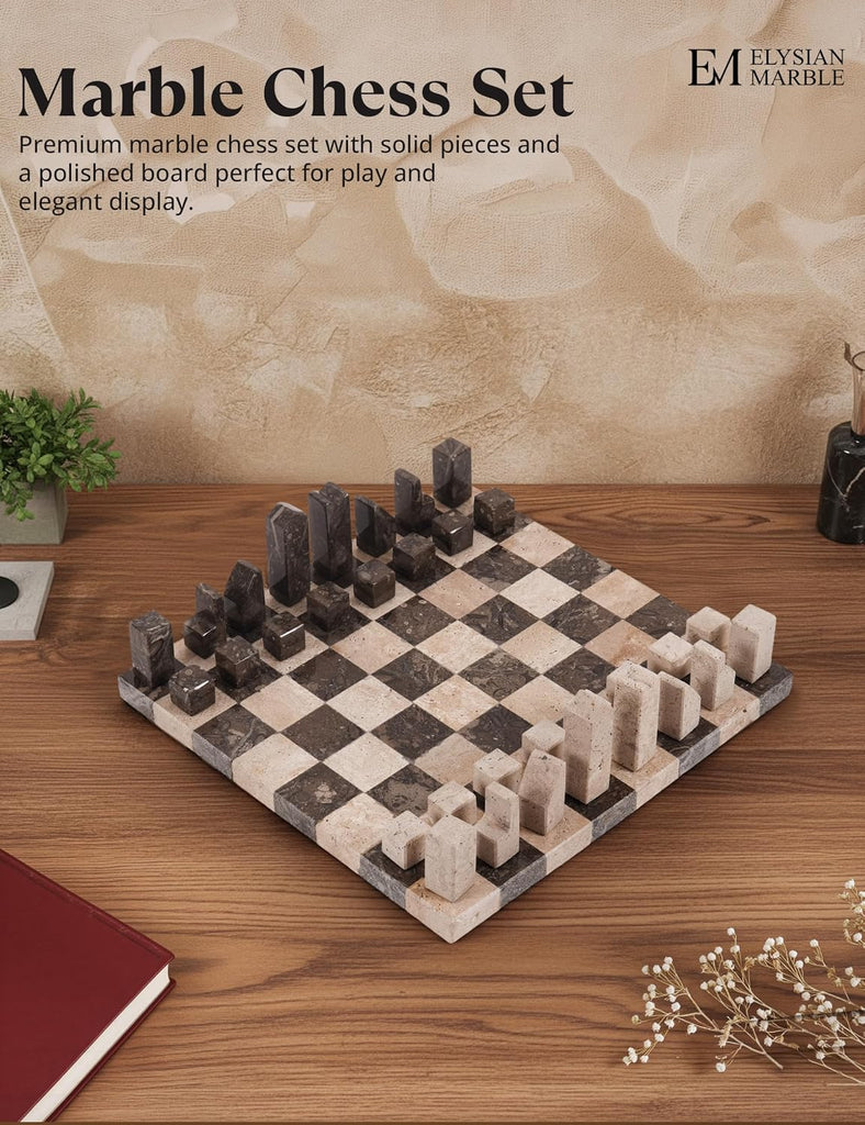 Modern Chess Set - Handcrafted Borderless Marble Chess Board with Minimalist Geometric Pieces, Luxury Decorative