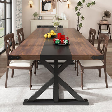 71 Inch Dining Table for 6 People, Rectangular Kitchen Farmhouse Table W/Thickness Waterproof Wood Tabletop, Long