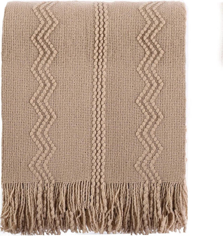 Boho Farmhouse Throw Blanket, 50x60 Tan Taupe Living Room Decor