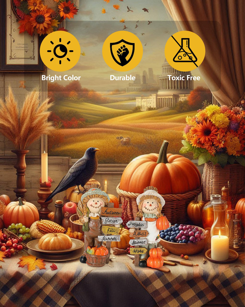2-Pack Thanksgiving Scarecrow Figurines with Inspirational Autumn Plaques - Durable Resin 5.5'' Thanksgiving Table