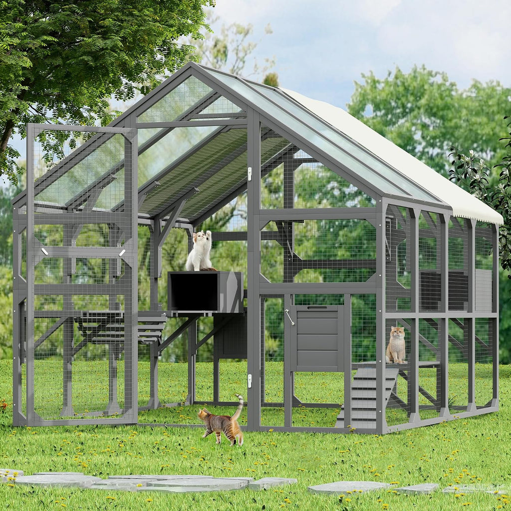 Large Catio Outdoor Cat Enclosure, Wooden Walk-in Cat House with Roof