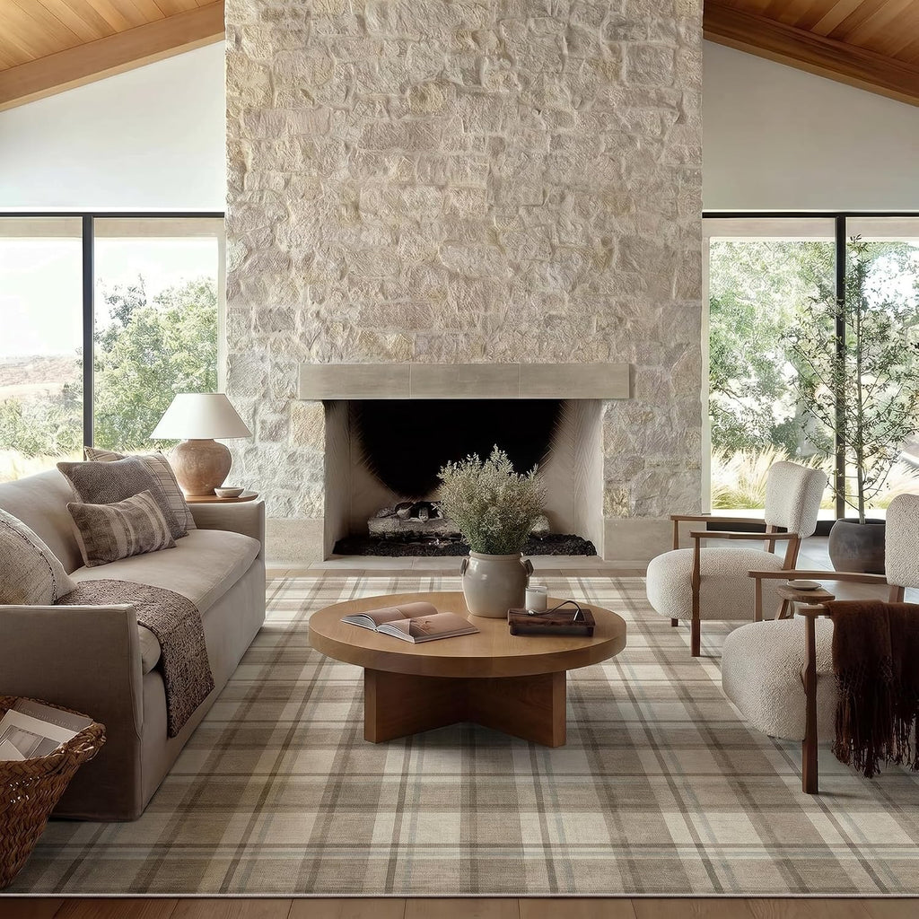 Beige Checkered Washable Non-Slip Area Rugs