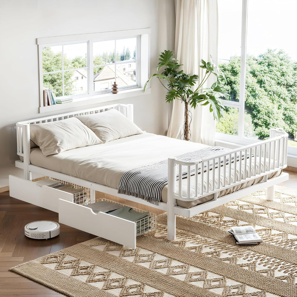 Metal Montessori Bed with Fence and Slats, Montessori Bed with Storage Drawers and Detachable Side Bed