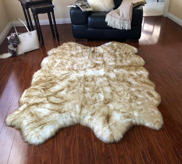 Faux Sheepskin Rug, White/Brown Tips, 4'x6', Free Shape | 4 pelts; vegan fur indoor carpet , den, bedroom & nursery