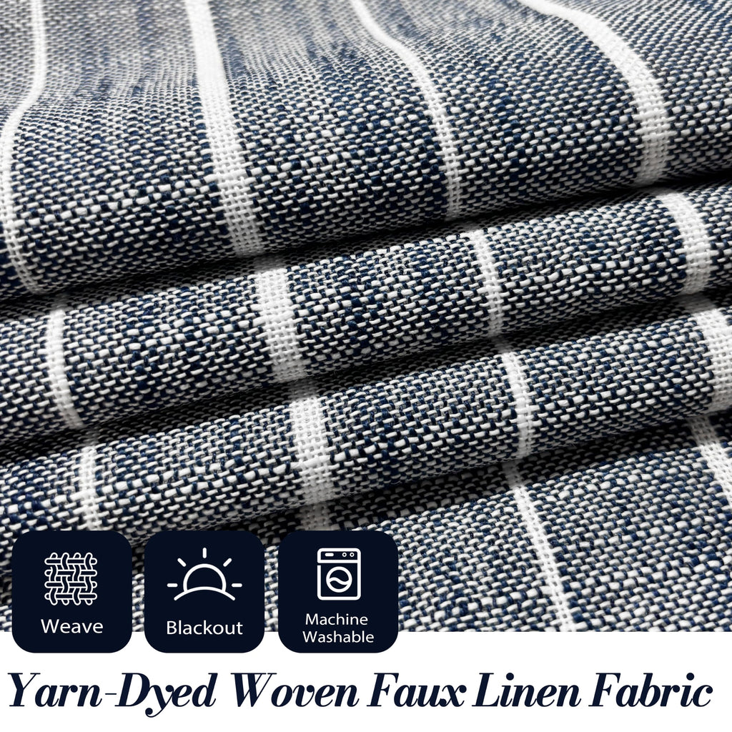 100% Blackout Linen Hygge Striped Curtains, 84 Inches, Navy