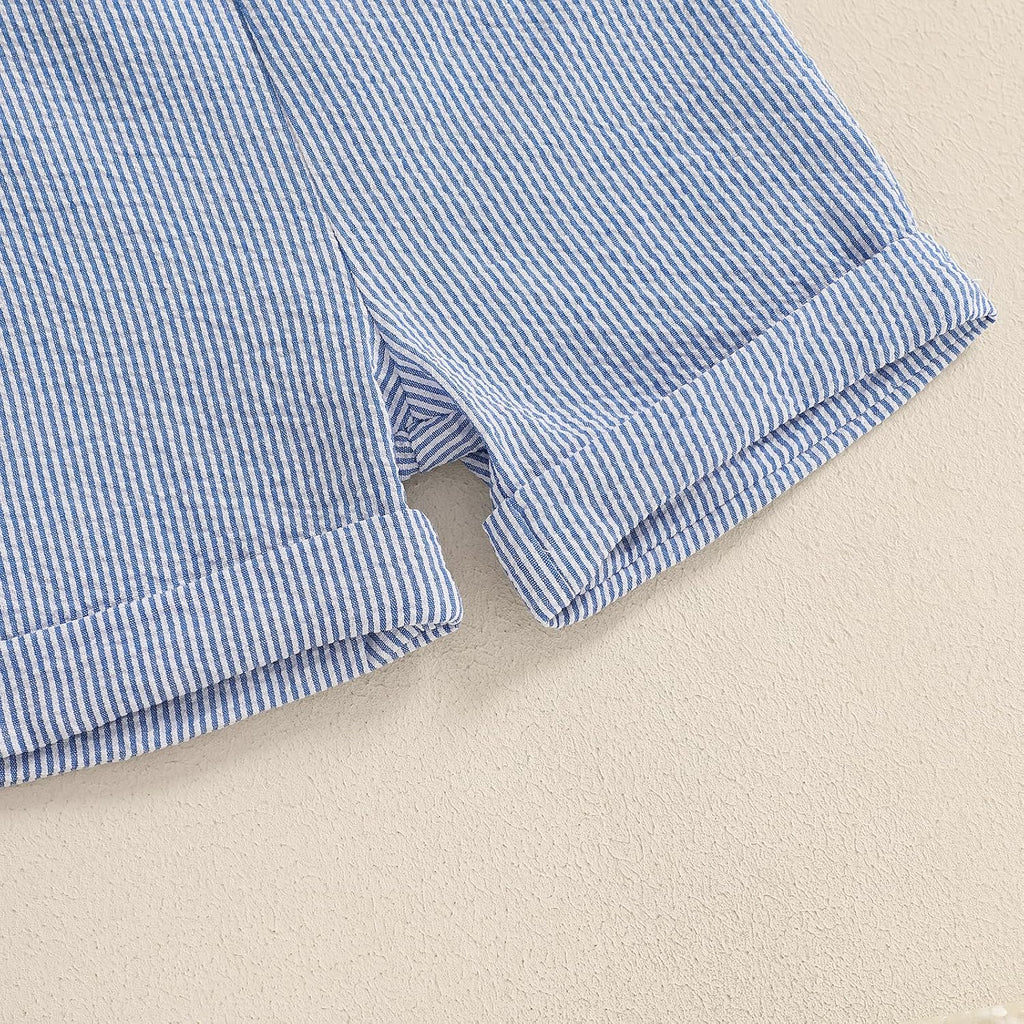 Newbron Baby Boy Summer Outfit Cotton Linen Button Short Sleeve Bowtie Shirt Romper Suspender Shorts Set