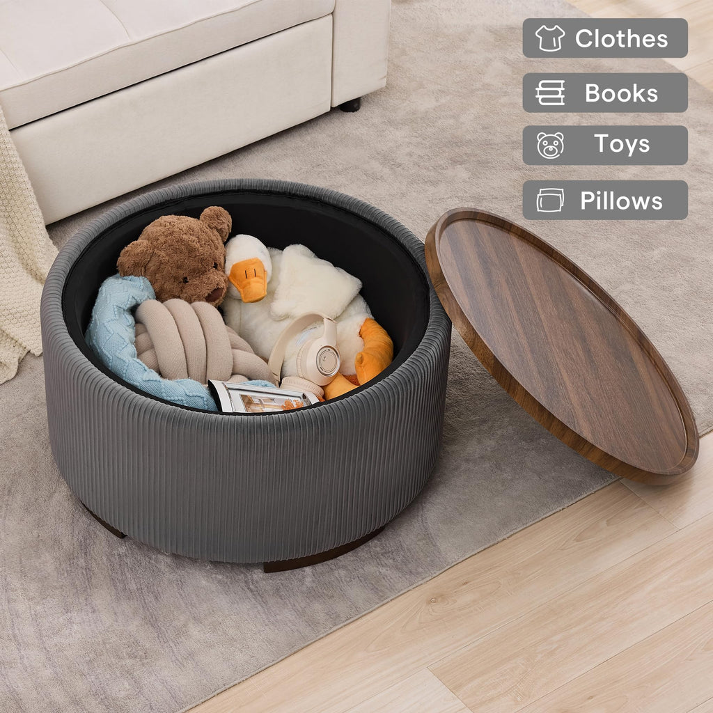 29.5 Inch Round Storage Ottoman Coffee Table, Grey Velvet