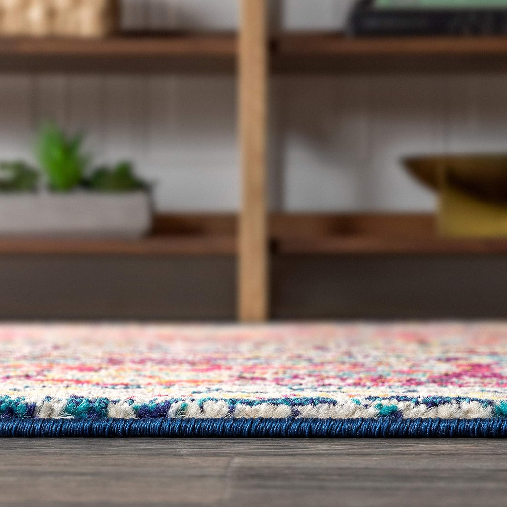 Boho Vintage Cream/Orange Indoor Area Rug, Bohemian Flair Traditional Medallion, Easy-Cleaning, Pet Friendly