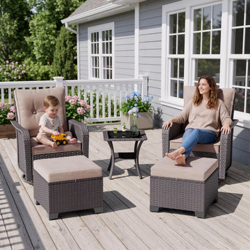 5-Piece Outdoor Swivel Rocking Chair Set with 4" Thick Cushions and High Back, Wicker Patio Chairs with Side Table &
