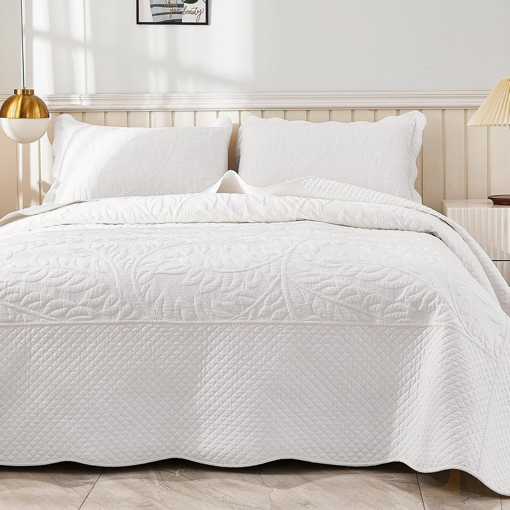 3-Piece 100% Cotton Oversized Bedspread Lightweight Quilt Coverlet Embroidery Farmhouse Bedding Set T0 (Bright White