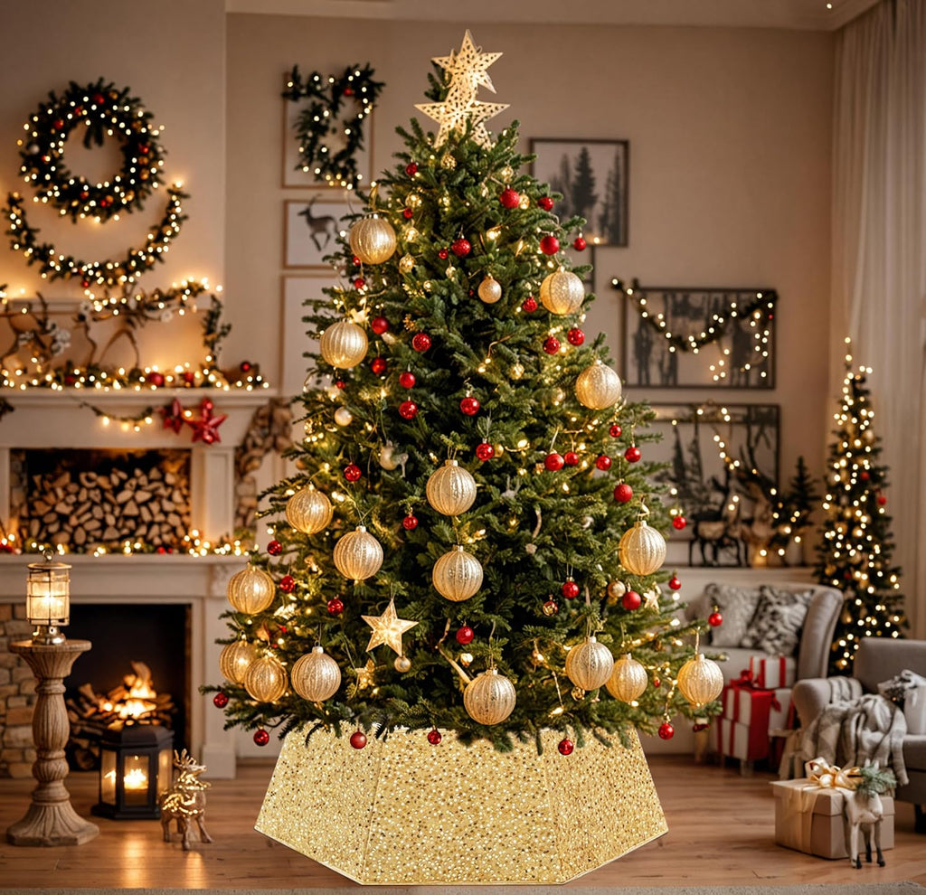Gold Tree Collar for 9 ft Tree 31.49 Inch Shimmer Christmas Tree Ring Velvet Tree Skirt Cover for Xmas Pencil Tree