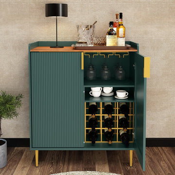 Coffee Bar Cabinet with Wine Racks & Drawer, Green | Liquor Cabinet with Fluted Texture, Modern Sideboard Buffet