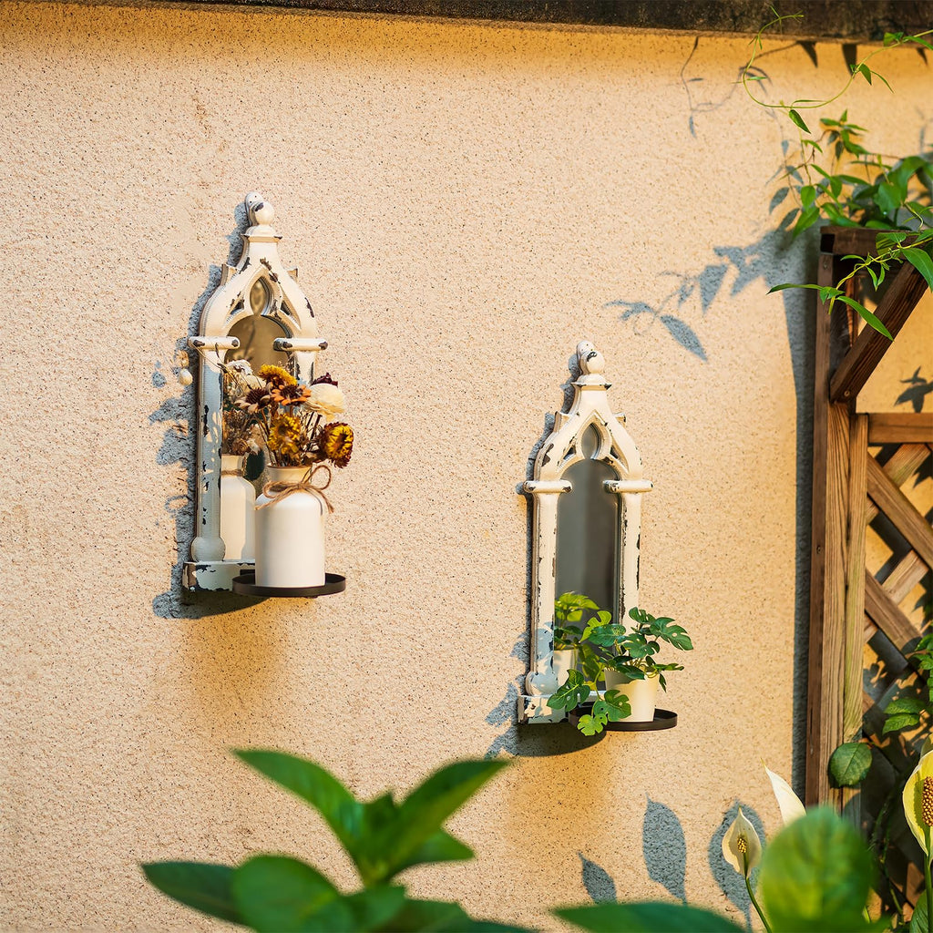 Wall Candle Sconces Set of 2 with Real Mirror, Distressed White