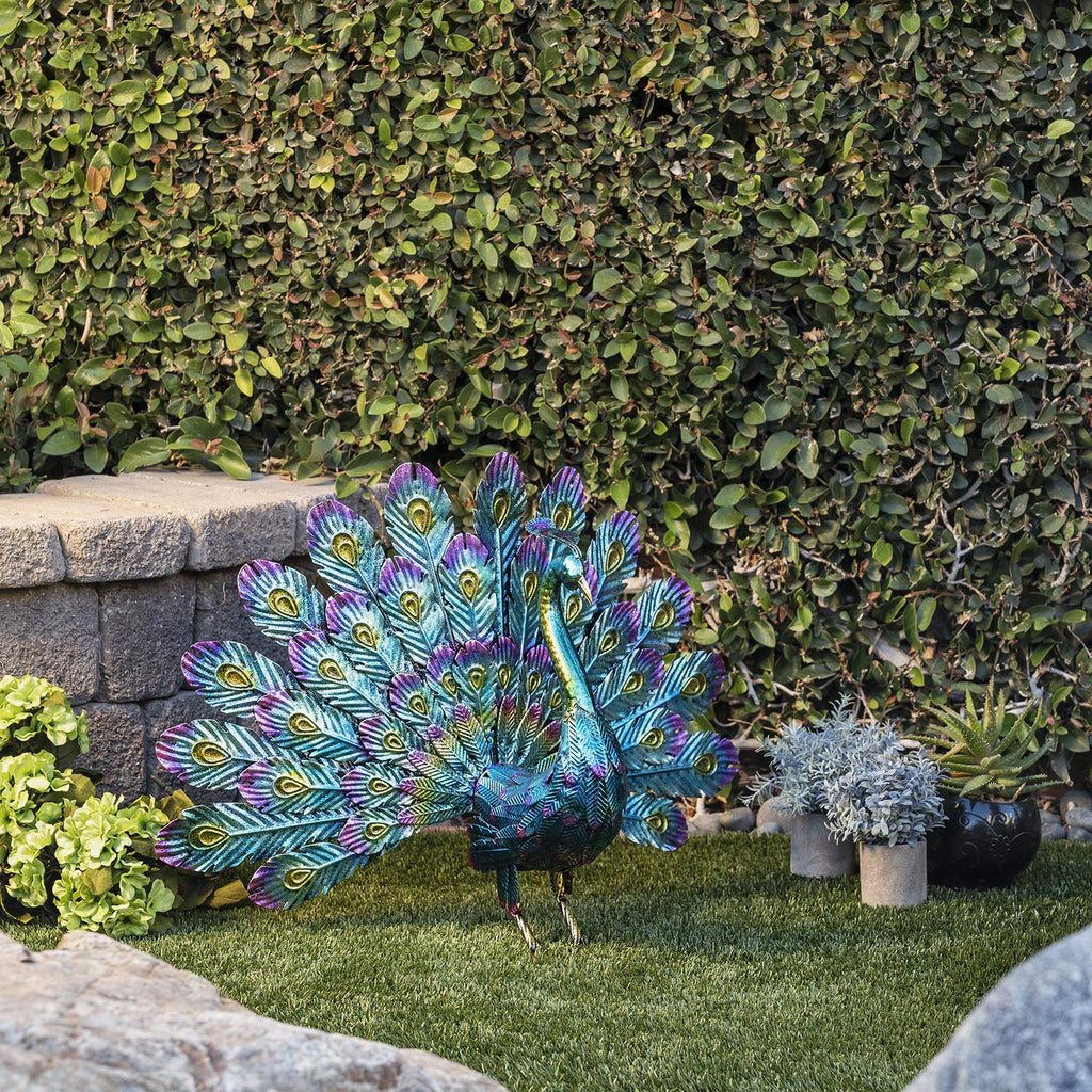 23" Tall Outdoor Metal Peacock Statue, Multicolor