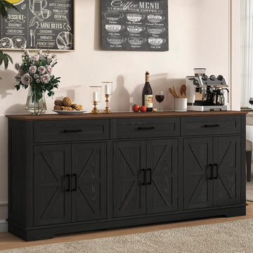 70" Farmhouse Buffet Cabinet with Storage 3 Drawers & 6 Barn Doors, Black