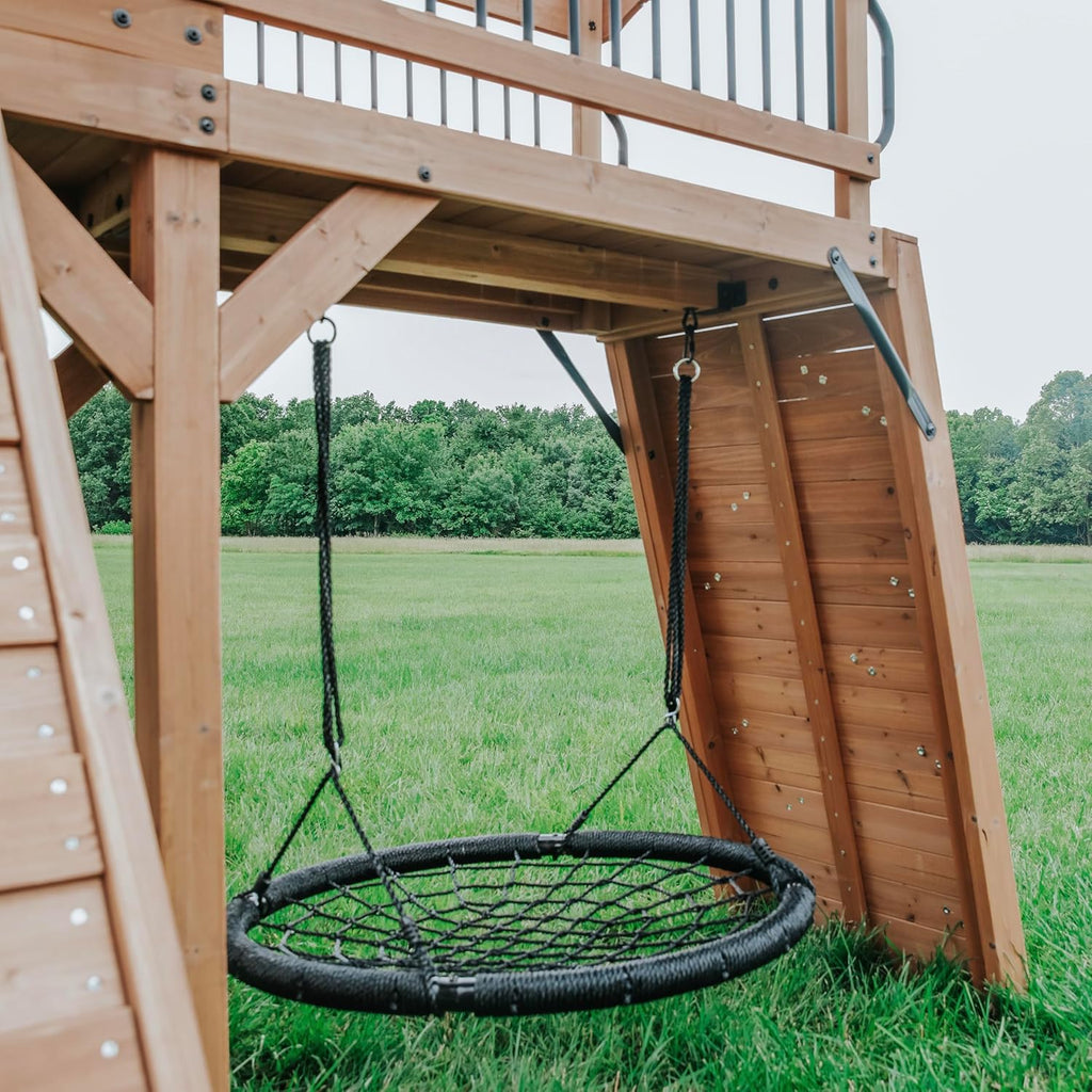 Sterling Point Cedar Wood Swing Set with Wave Slide, Raised Clubhouse, Wooden Bridge, Rock Wall, Belt Swings, Web