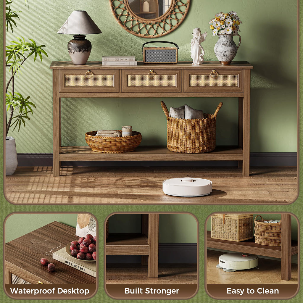 Rattan Console Sofa Table with Outlets, USB-C Port and 3 Drawers