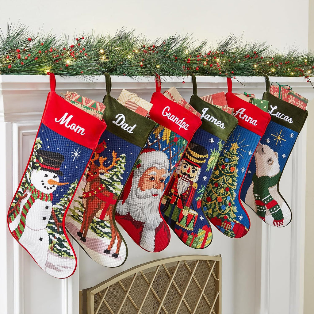 Personalized Needlepoint - Embroidered Family Stockings - Old-Fashioned Christmas Décor - Mantel Décor - 8"x17"