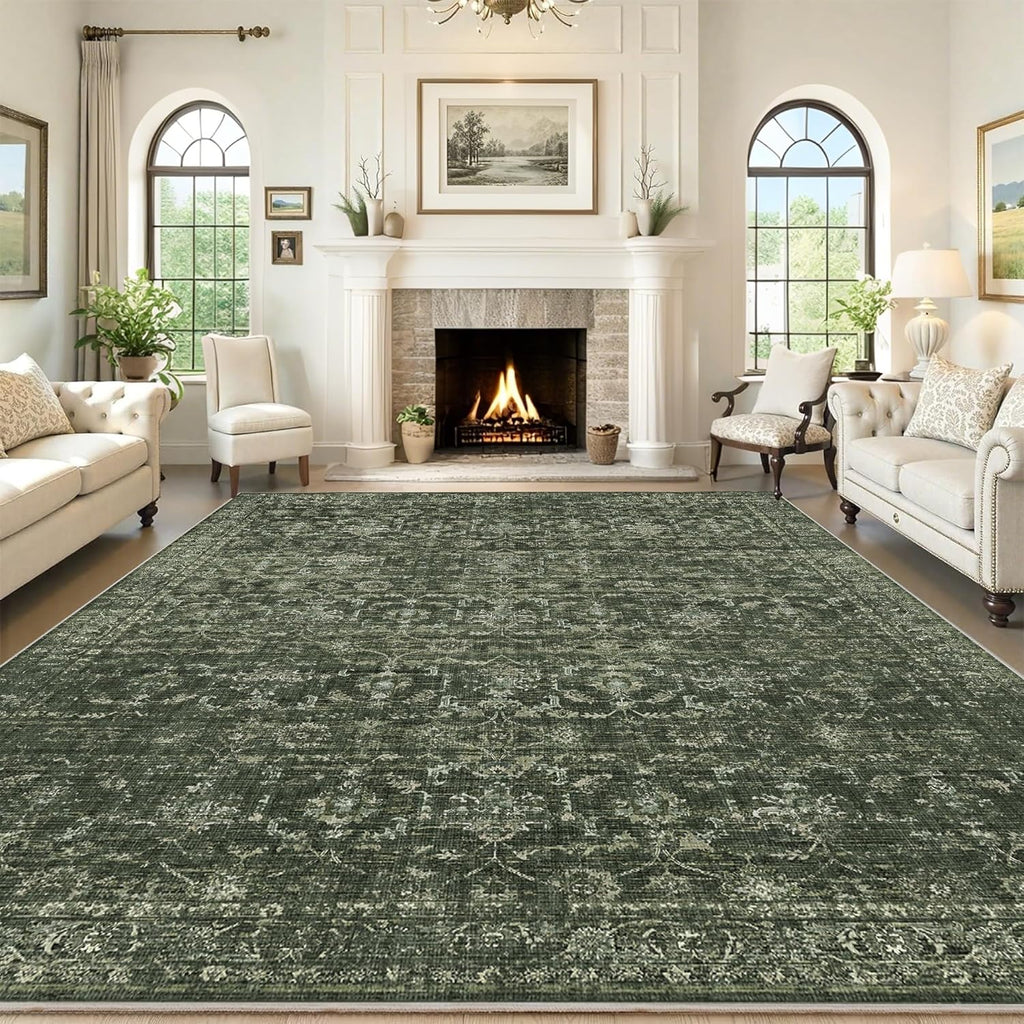 Washable Area Rug 8x10 Green Rugs for Living Room, Vintage Boho Large Rug for Bedroom Dining Room Office, Distressed