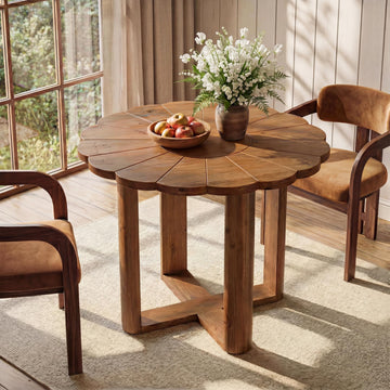 31.5-Inch Solid Wood Round Dining Table for 2-4, Small Farmhouse Kitchen Table with Carved Petal Pattern, Wooden