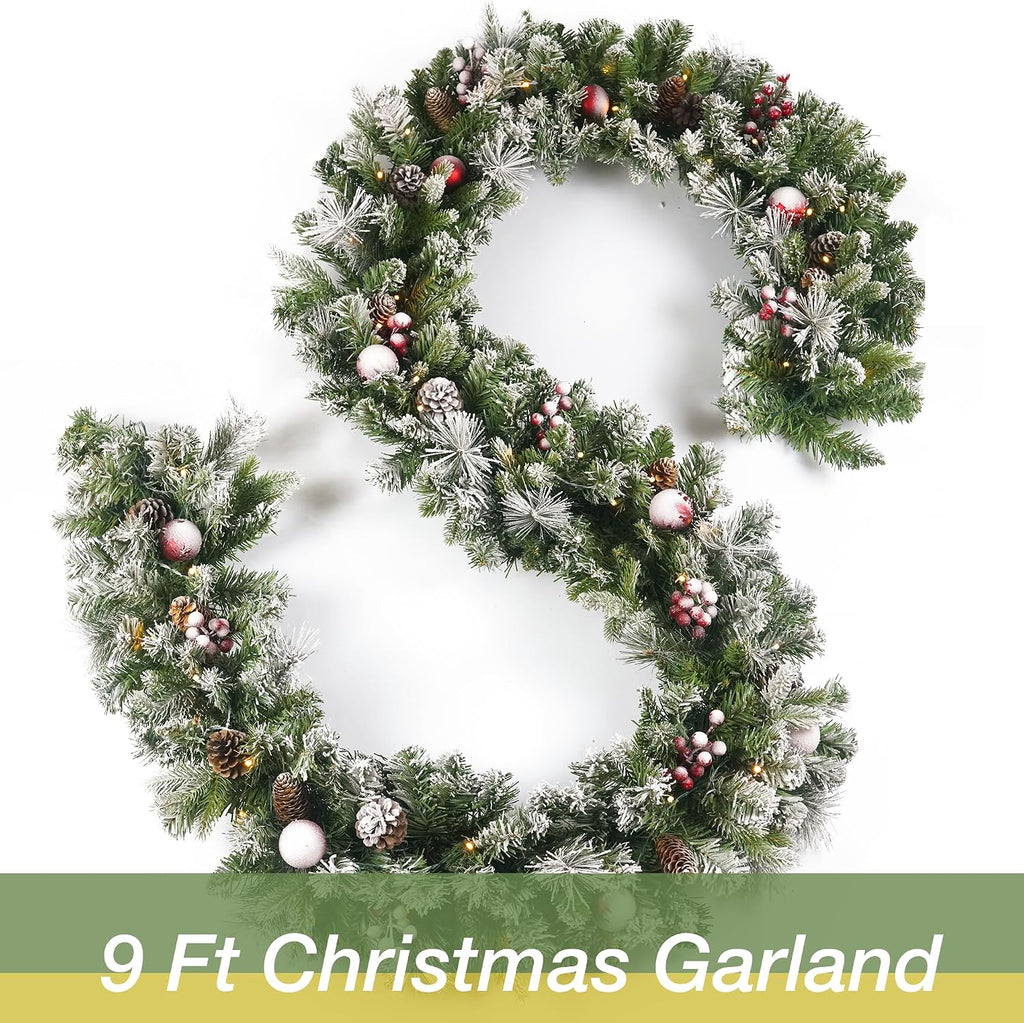 Christmas Garland Flocked 9ft with 50 Lights, Christmas Decor with Pine Cone Red Balls & Berries 50 Light Timer
