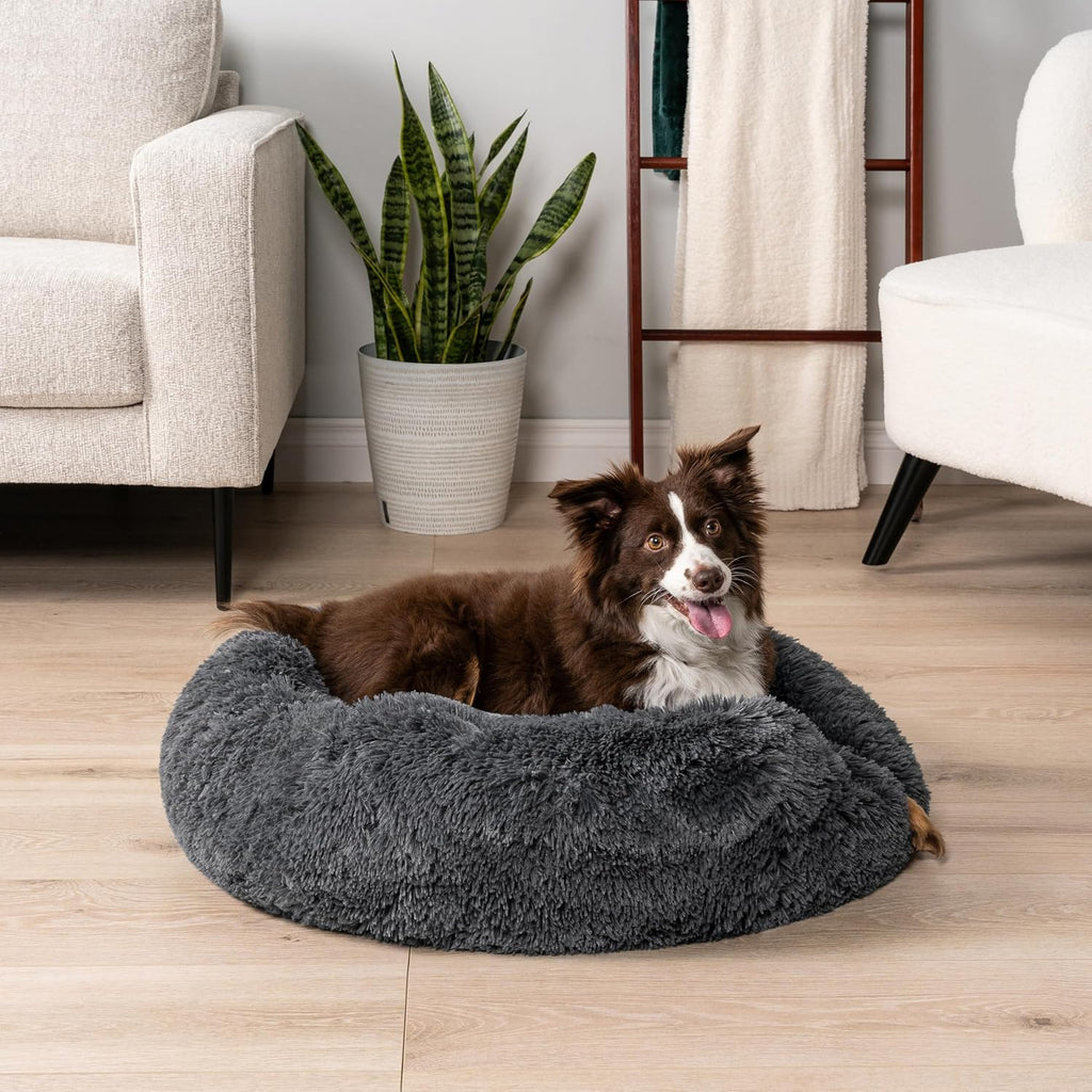 Calming Donut Dog Bed, Washable Faux Fur, Medium, Grey