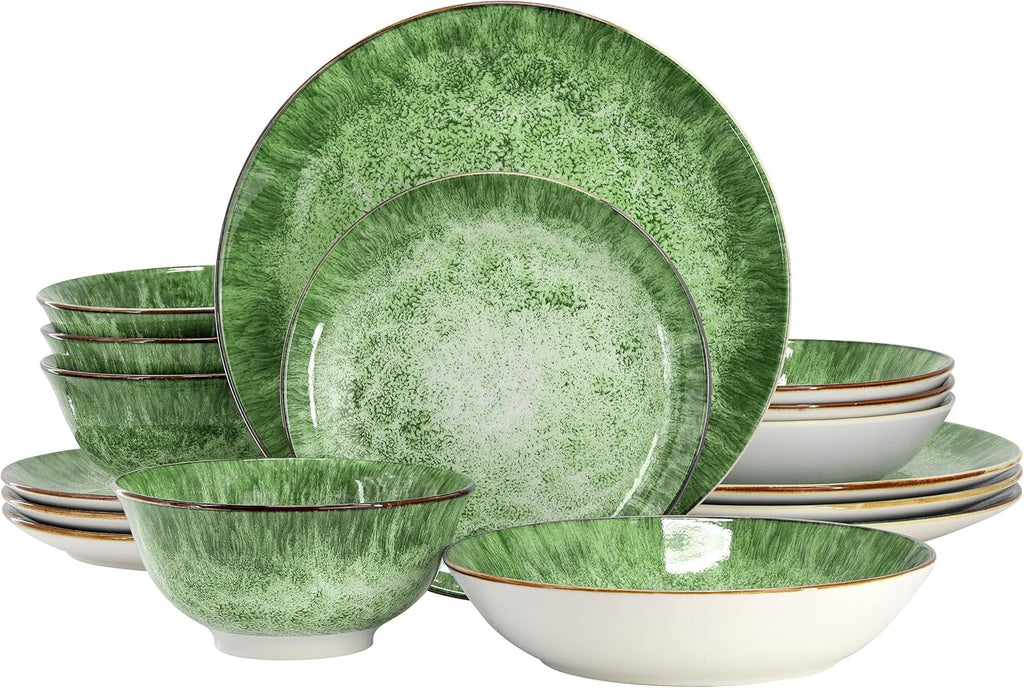 Oceanus 16 Piece Round Shape Porcelain Double Bowl Dinnerware Set, Tableware Set, Table Setting- Service for 4 (Green)