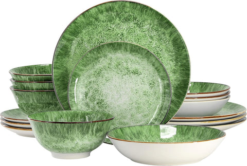 Oceanus 16 Piece Round Shape Porcelain Double Bowl Dinnerware Set, Tableware Set, Table Setting- Service for 4 (Green)