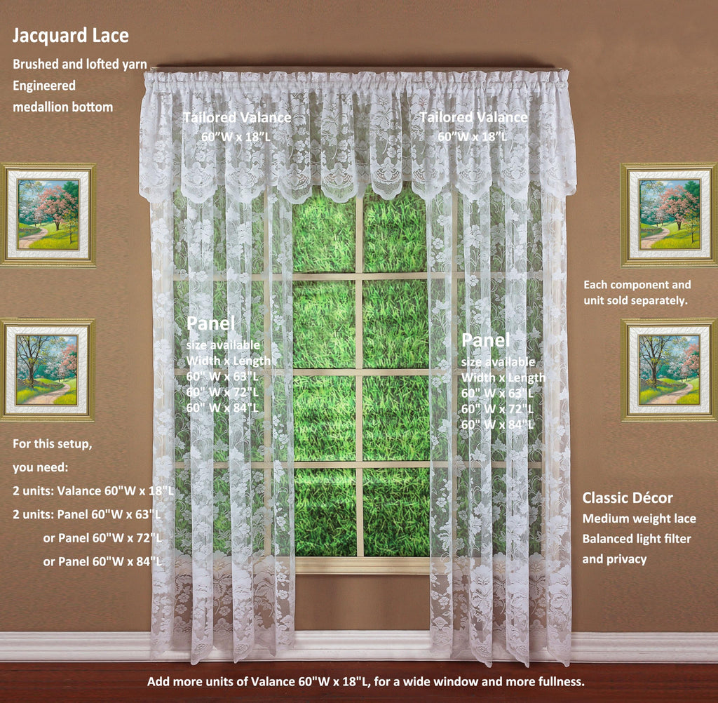 Floral Vine Lace Tailored Valance 18", White, 60W x 18L