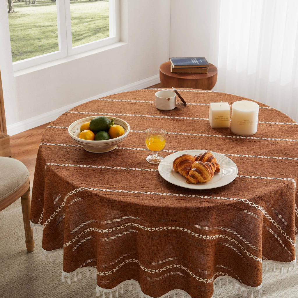 Hemstitched Striped Boho Table Cloth, 60 Inch Round Caramel