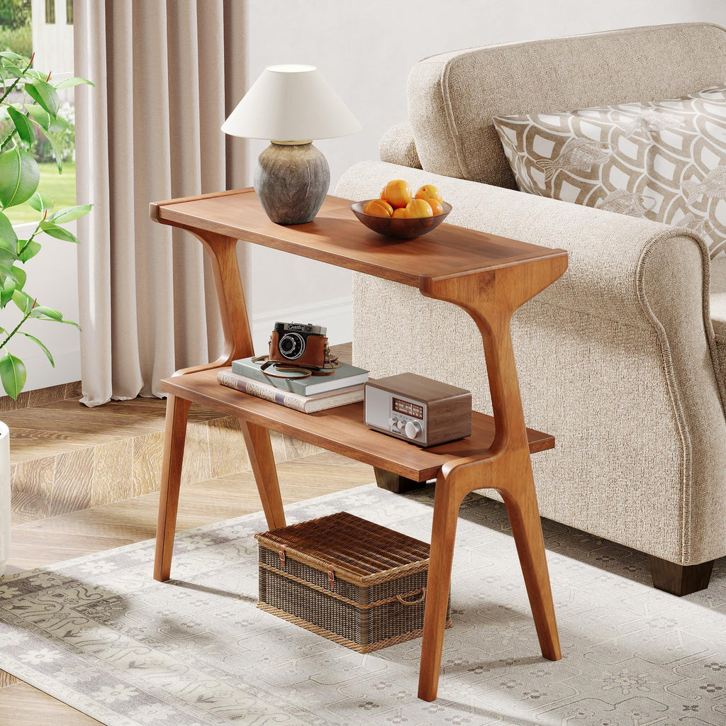 2-Tier Solid Wood Side Table, Mid-Century Modern End Table with Storage Shelves, Tall Slim Side Table for Couch with