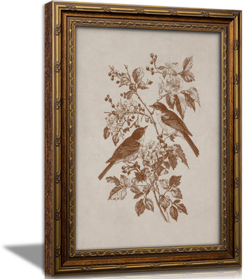 Vintage Gold Framed Canvas Wall Art Sketch Bird Painting Picture Wall Decor Botanical Flowers Sparrow Poster Print