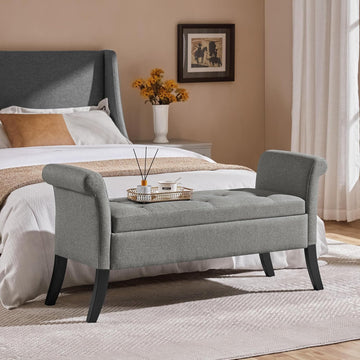 52in Rolled Arm Storage Ottoman Bench , Light Gray | Button-Tufted Bench Seat with 1.9C Storage Space, Rolled Arms
