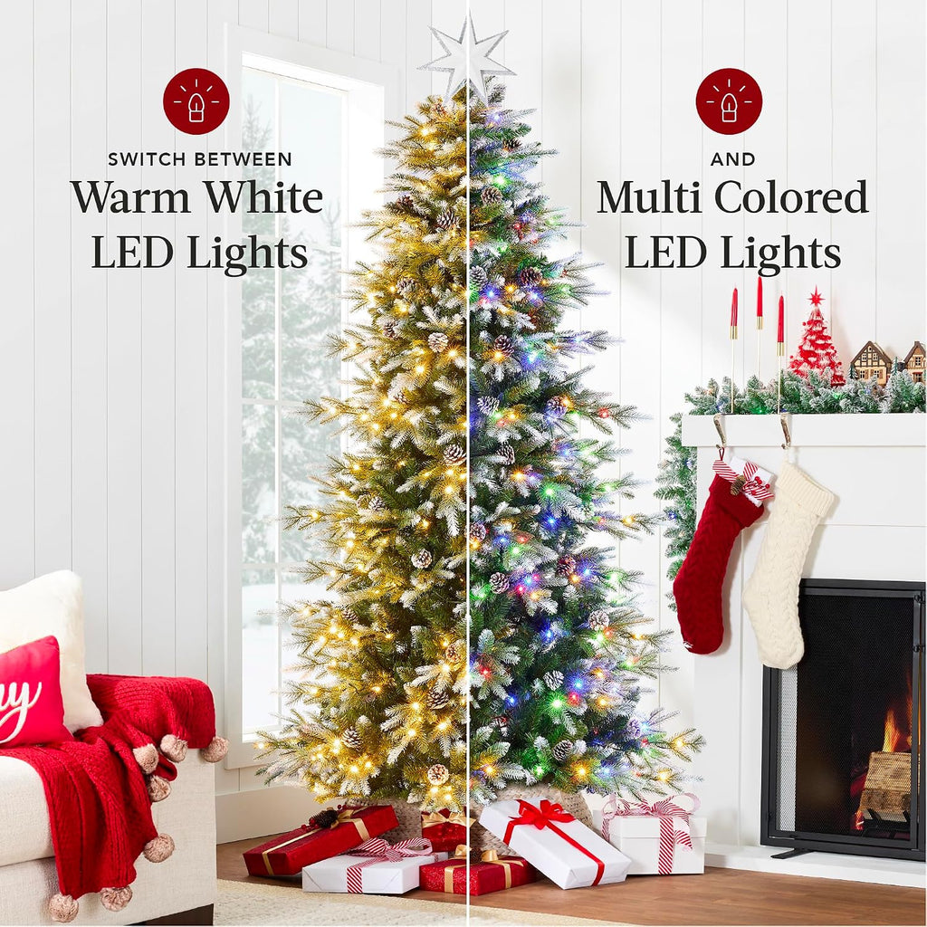 Pre-Lit Artificial Frosted Slim Aspen Christmas Tree, Partially Flocked Holiday Décor w/ 2-in-1 White &