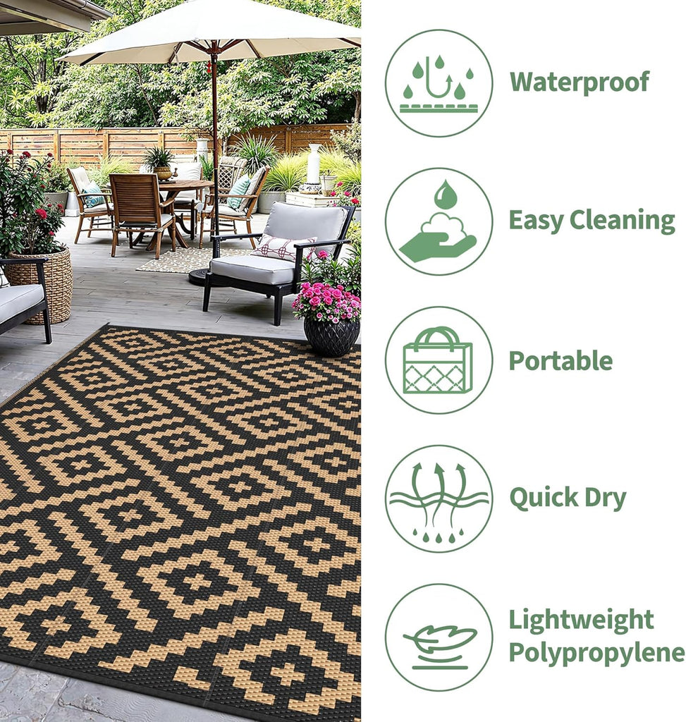 Outdoor Rug, Waterproof Plastic Rugs, Black Brown