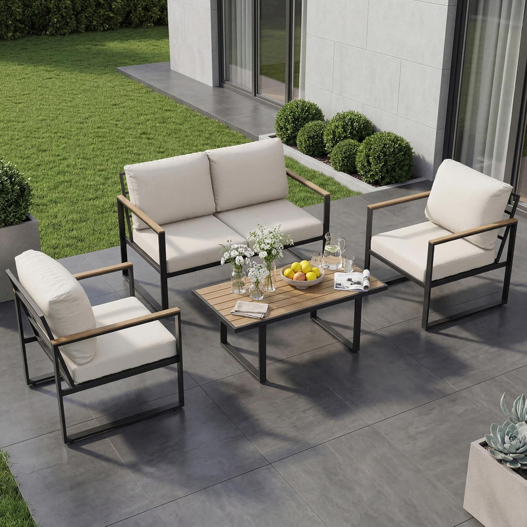 4-Piece Aluminum Patio Furniture Set with Coffee Table, Outdoor Sectional Conversation Set with Washable